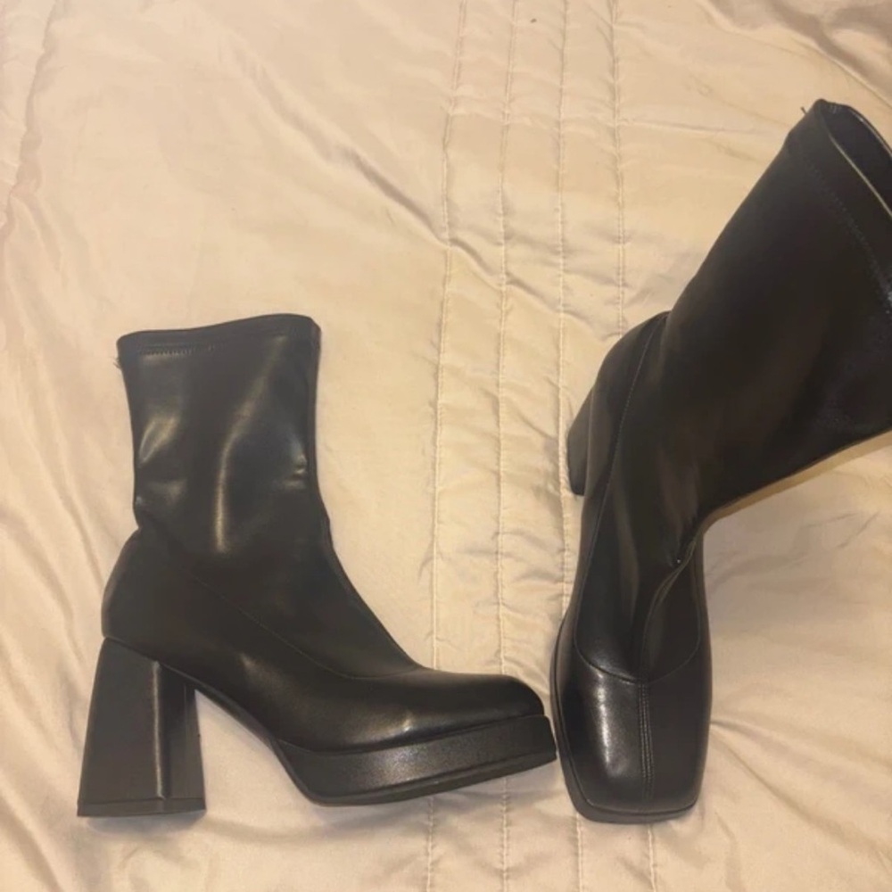 Zara Black Platform Mid-Calf Block Heel Boots